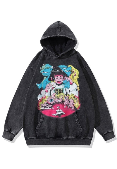 Anime print hoodie Japanese cartoon pullover grunge top grey