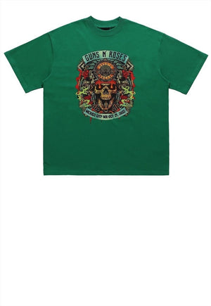 Guns and roses t-shirt bones print tee metal bad top green