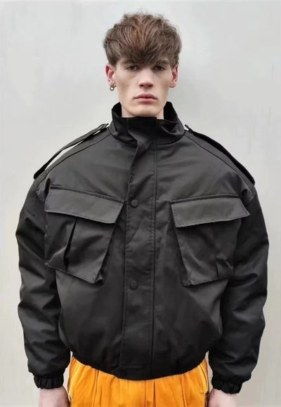 Cropped wide motorcycle bomber MA1 cargo biker jacket black