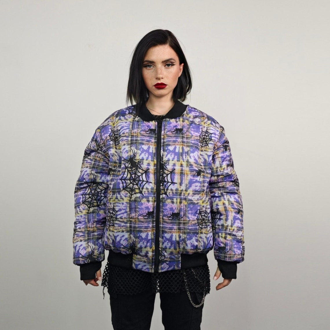 Spider web print jacket purple tie-dye bomber plaid check puffer punk reversible college varsity detachable sleeves handmade tartan coat