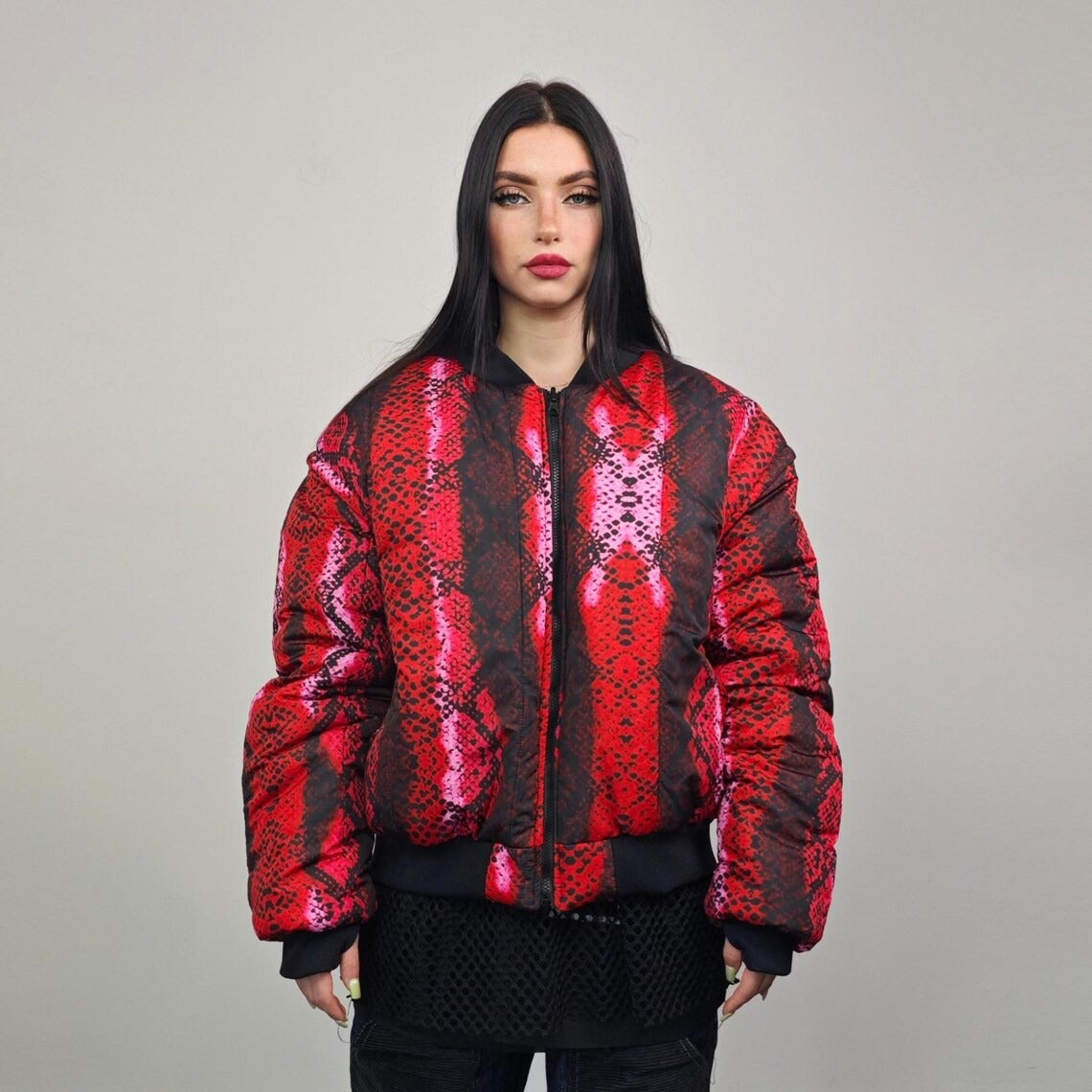 Snake print bomber red python jacket reversible college varsity detachable sleeves handmade grunge rocker coat