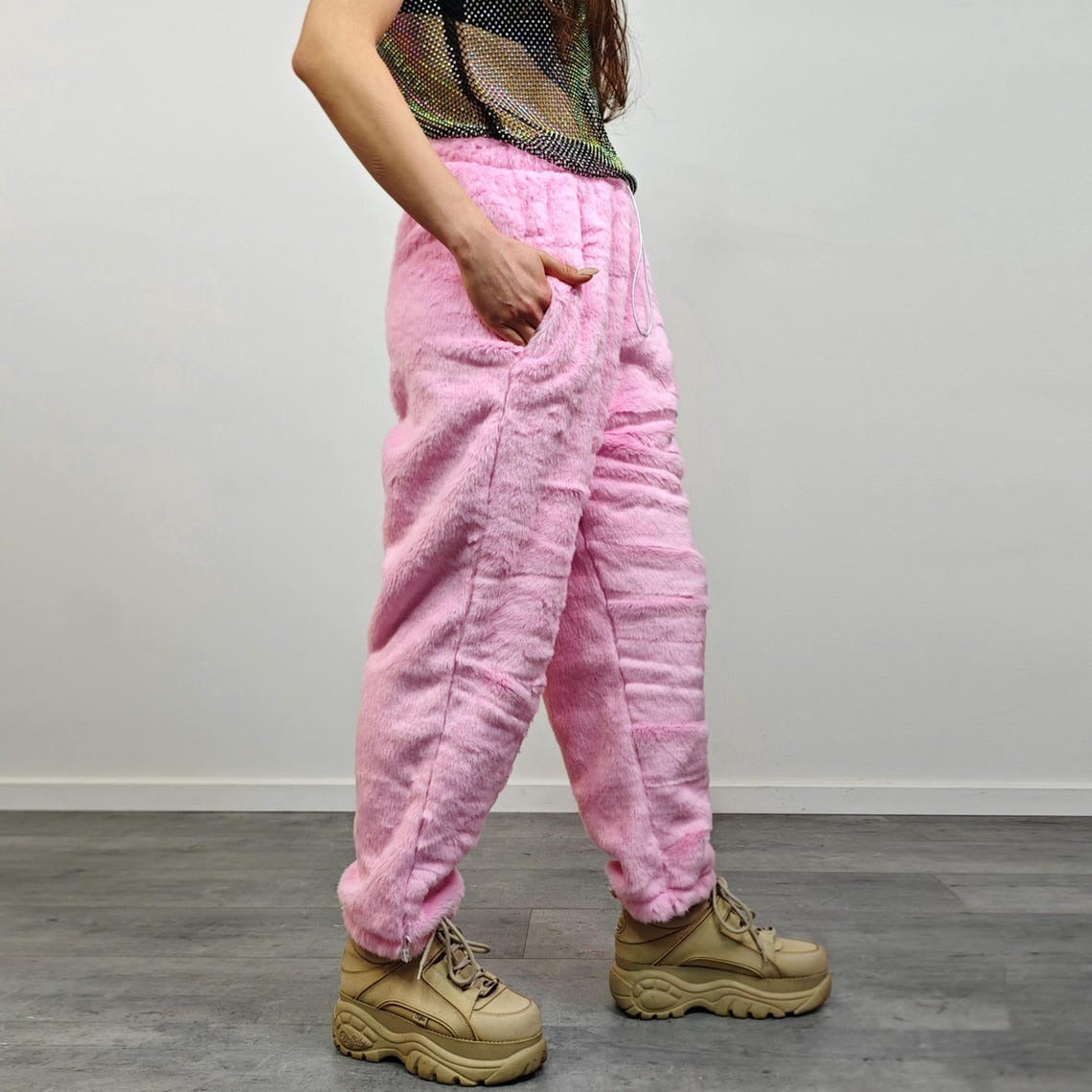 Pink faux fur joggers ski pants fleece trousers retro rave overalls fluffy bottoms festival set burning man outfit winter hotpants