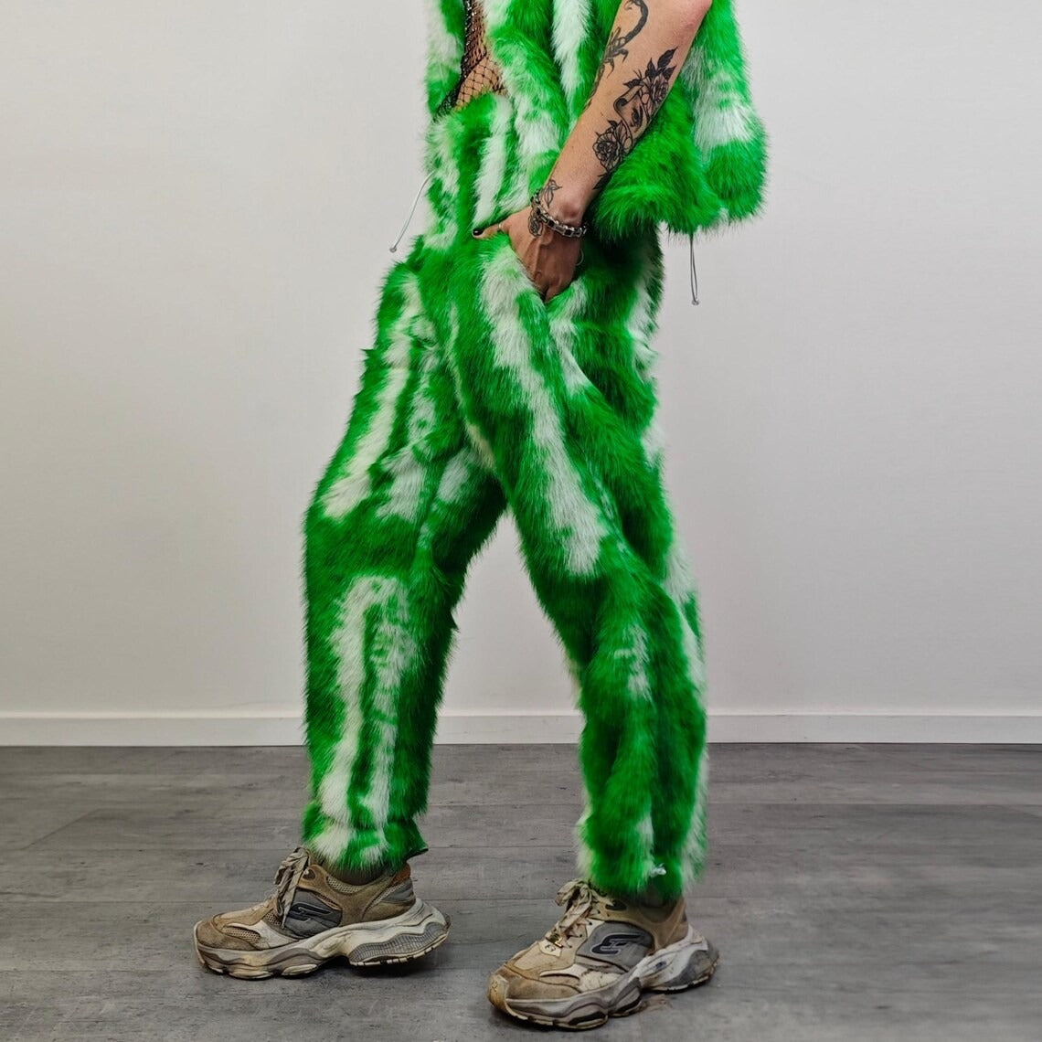 Green faux fur joggers tie-dye trousers abstract rave pants fluffy shorts custom festival bottoms burning man fleece set