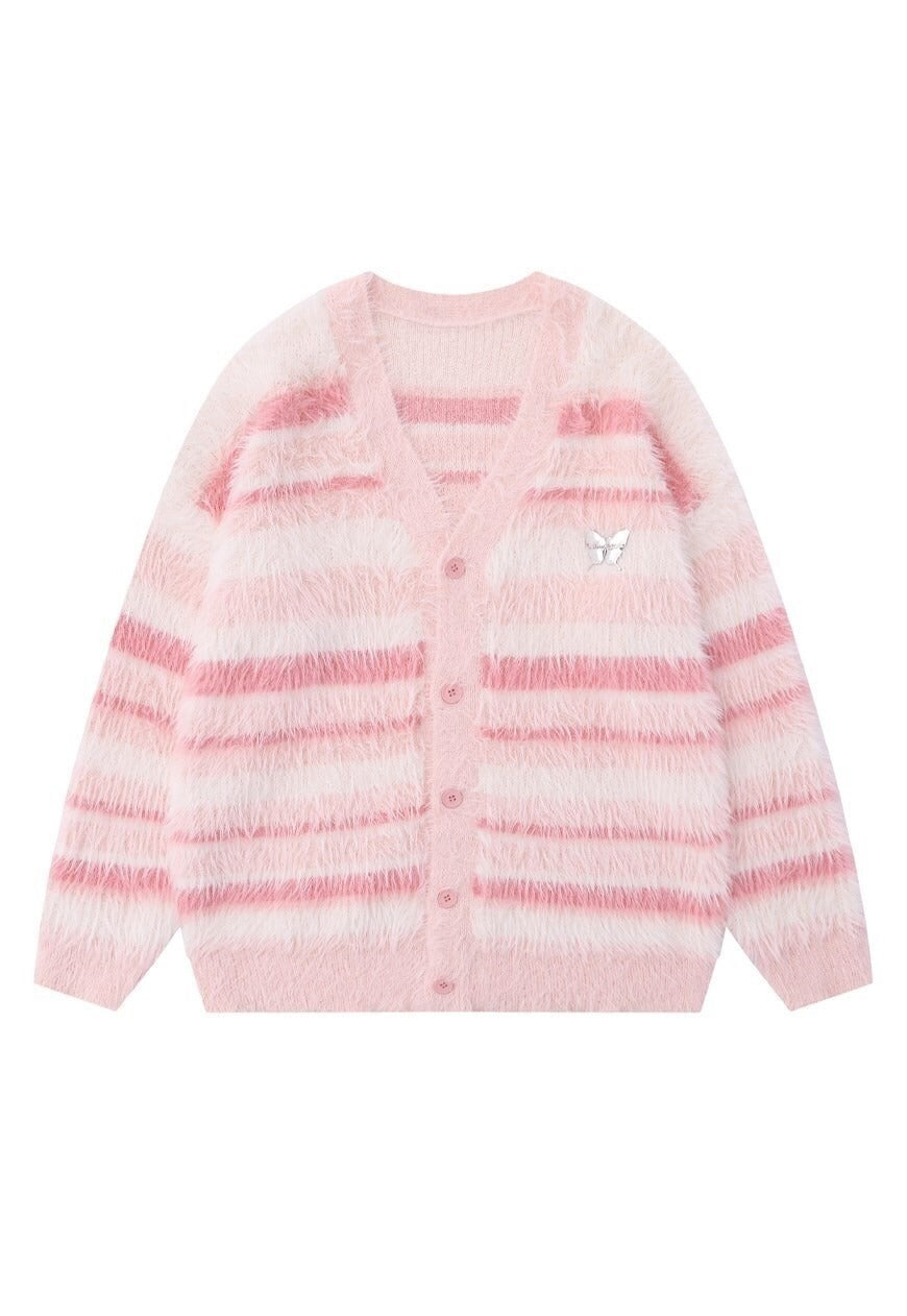 Horizontal stripe cardigan knitted jumper fluffy fleece top