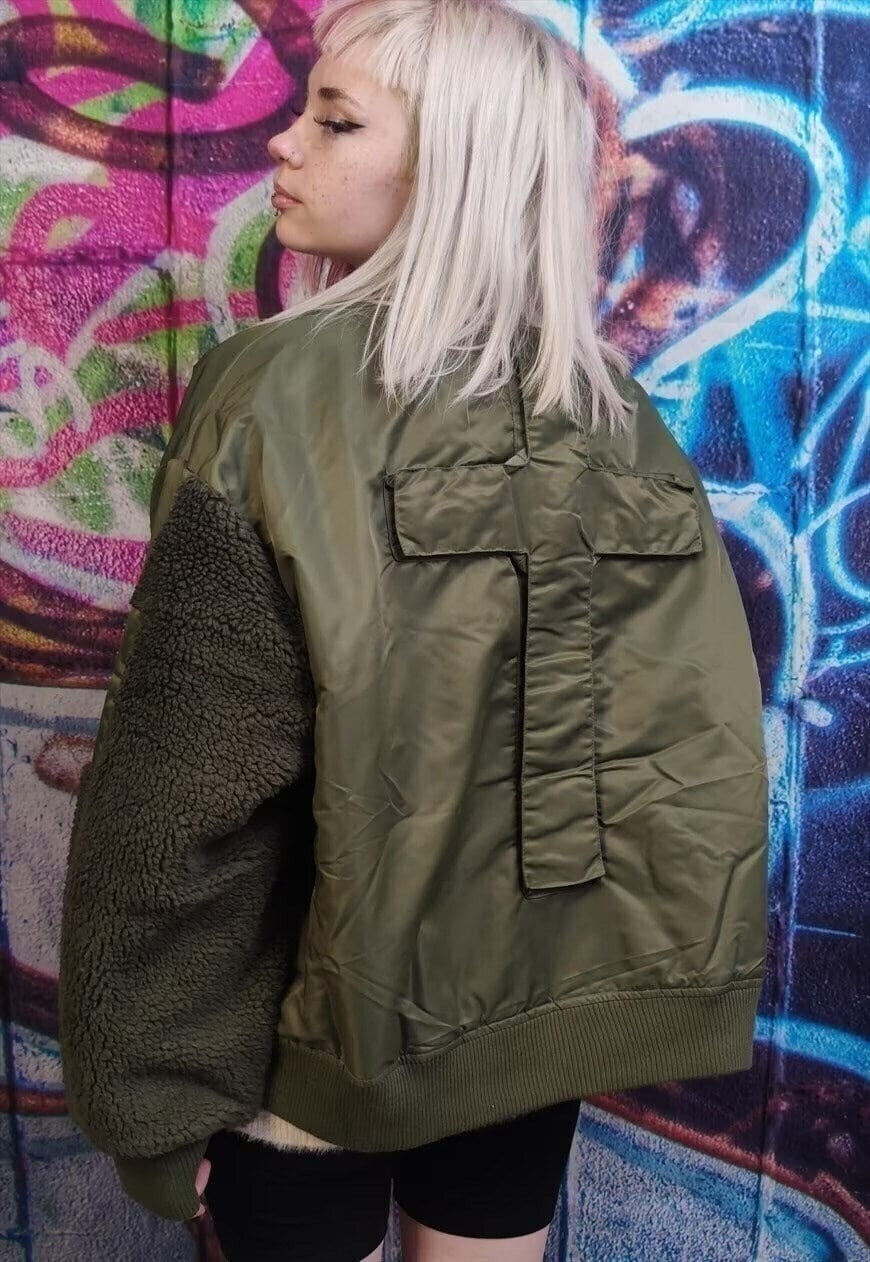 Cross patch fleece jacket reversible flame varsity bomber