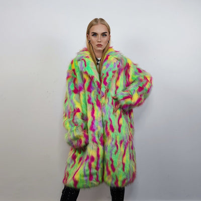 Psychedelic faux fur longline coat shaggy trench bright raver bomber fluffy winter fleece festival jacket neon burning man coat green pink