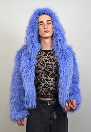 Shaggy fur coat blue hooded cropped trench festival jacket