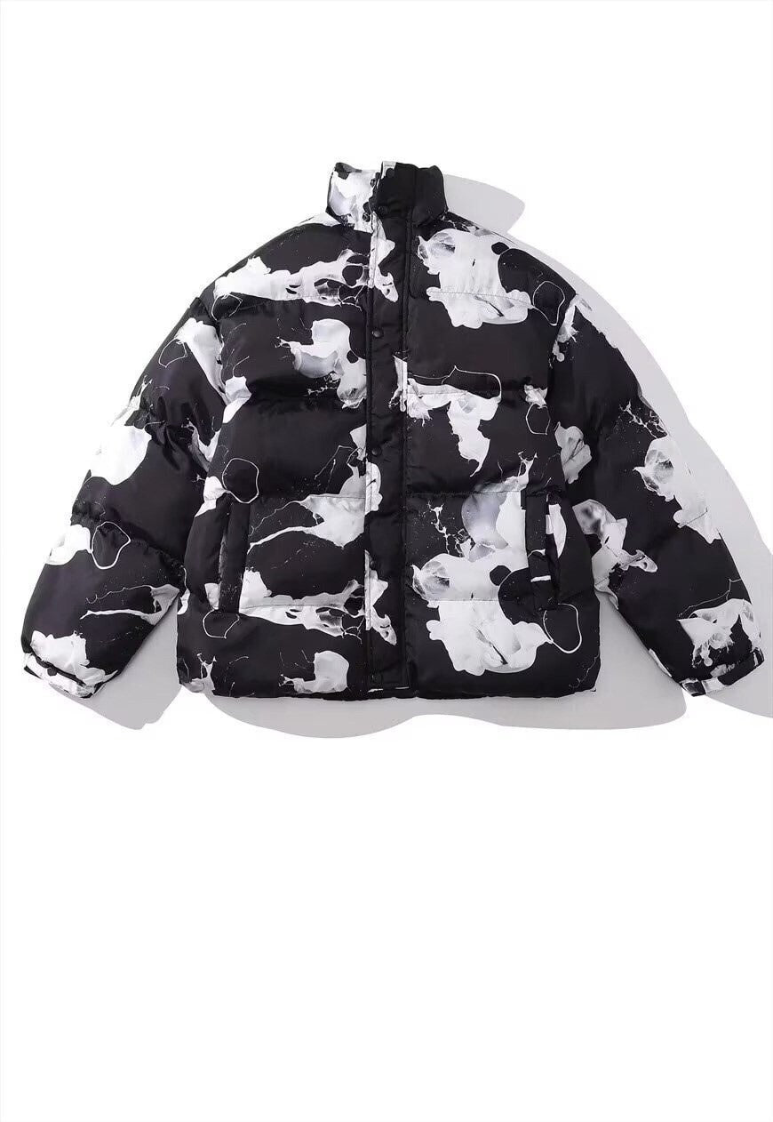 Paint splatter bomber Milk print cow puffer jacket in black