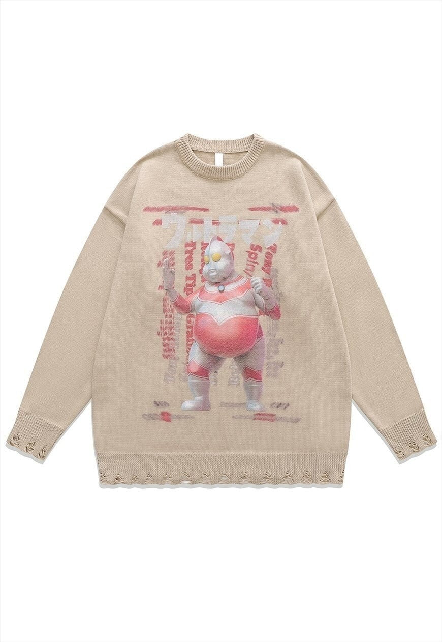 Anime sweater Korean knit distressed Manga jumper beige