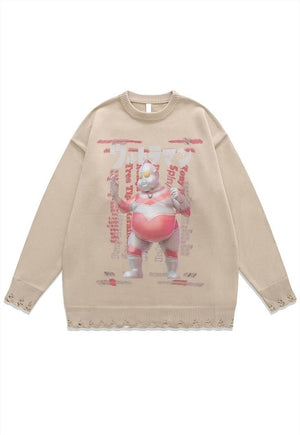 Anime sweater Korean knit distressed Manga jumper beige