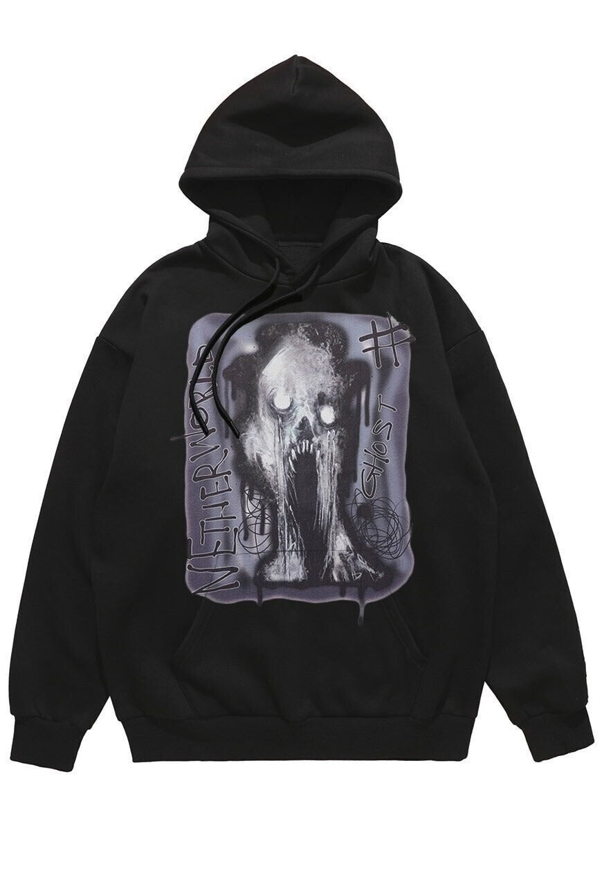 Creepy print hoodie ghost pullover abstract horror top black