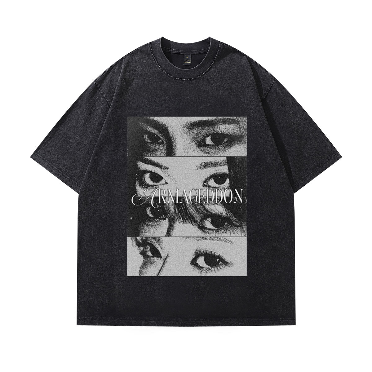 Asian girls t-shirt eyes print tee retro grunge top in vintage grey