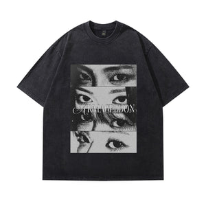 Asian girls t-shirt eyes print tee retro grunge top in vintage grey