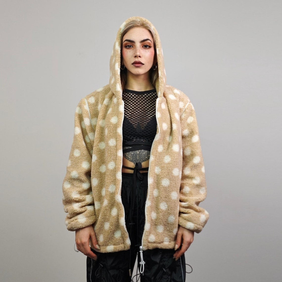 Polka dot fleece jacket beige spot pattern hood bomber retro geometric coat detachable sleeves handmade preppy overcoat fluffy festival set