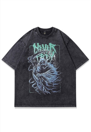 Creepy print t-shirt Star Grim reaper tee grunge top in grey