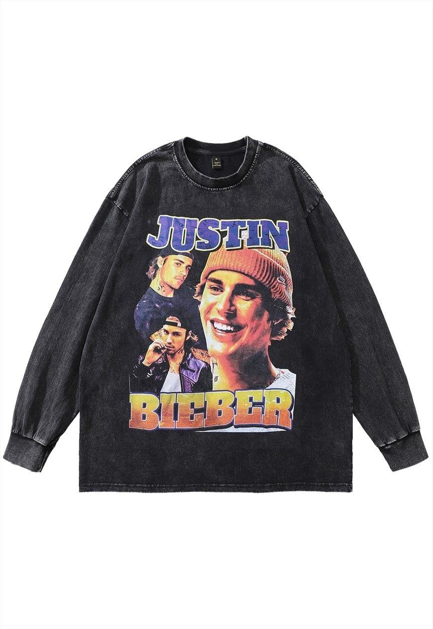 Retro poster t-shirt vintage wash singer print long JB tee