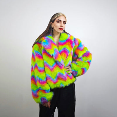 Rainbow faux fur skirt crop striped shorts festival zigzag skater skirt furry set carnival costume party pants psycho wide rave gown pink