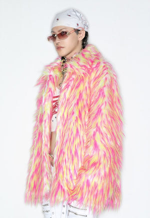 Shaggy faux fur coat pink orange fuzzy aviator raver bomber