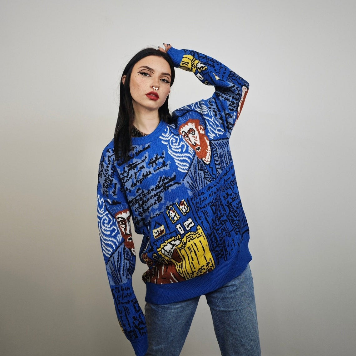 Van Gogh sweater pop art jumper psychedelic graffiti top knitted grunge pullover distressed 00s style artist knitwear in blue