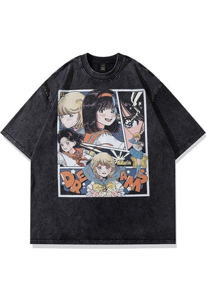 Anime girls t-shirt old Japanese tee retro top in acid grey