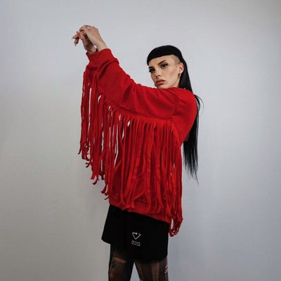 Cowboy sweatshirt tassels jumper Wild West top boho catwalk top going out long sleeve gothic sweat fancy dress sweater in red