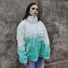 Gradient faux fur jacket tie-dye fluffy bomber festival varsity jacket raised neck fleece coat high fashion Autumn Winter coat white green