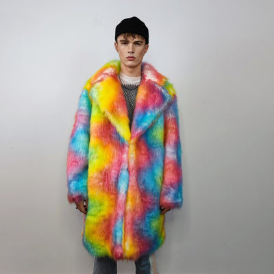 Rainbow fur long coat unicorn trench neon raver bomber fluffy tie-dye fleece psychedelic festival jacket burning man going out coat orange