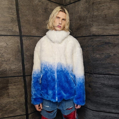 Gradient fleece jacket faux fur tie-dye print bomber in blue