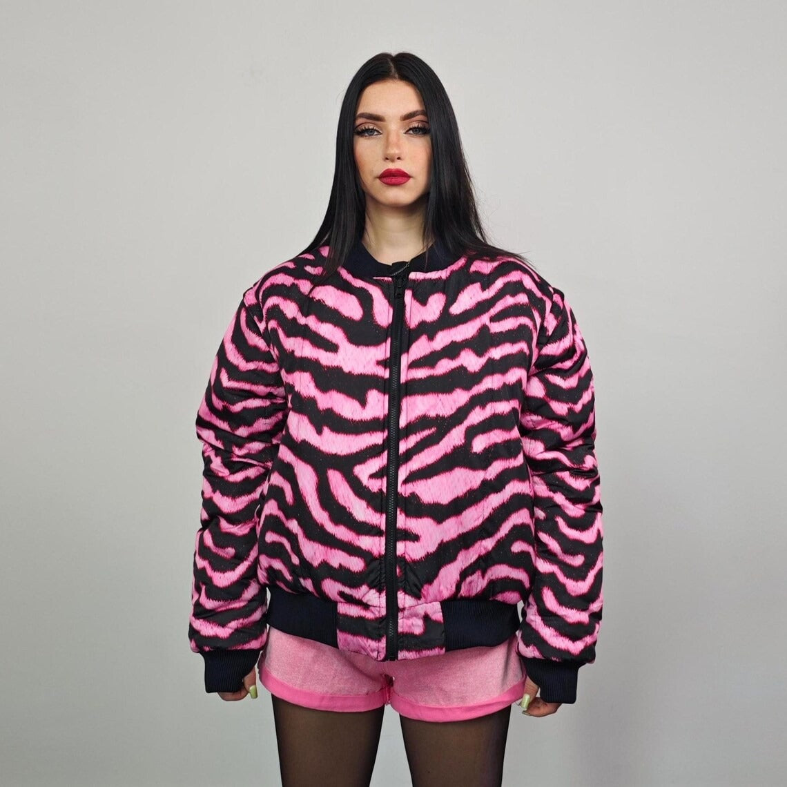 Tiger bomber pink animal print jacket raver reversible college varsity detachable sleeves handmade zebra puffer grunge festival stripe coat