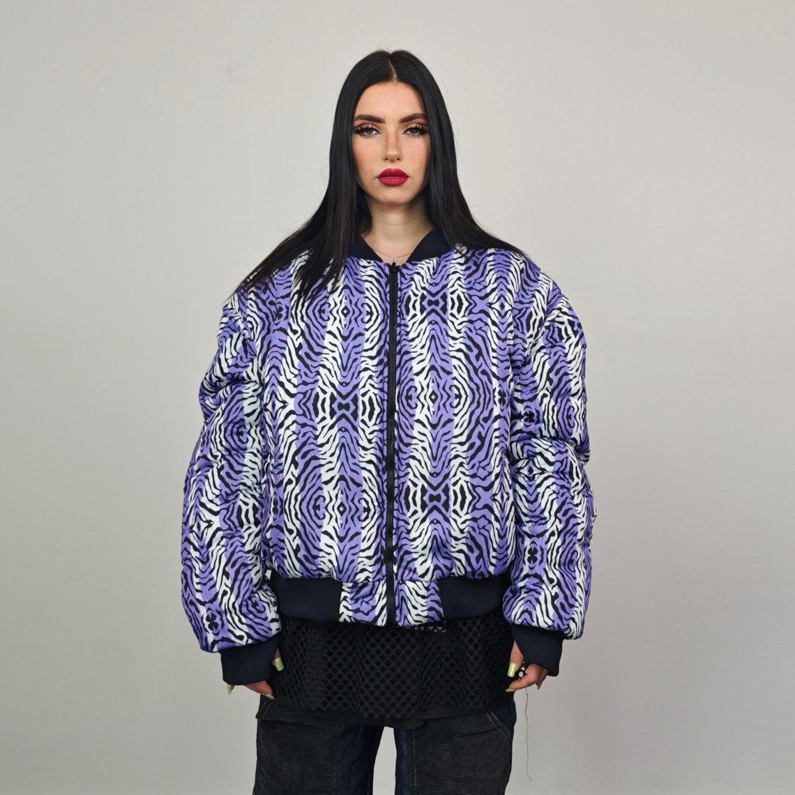 Zebra jacket blue white animal print bomber reversible striped college varsity detachable sleeves handmade rave puffer grunge festival coat