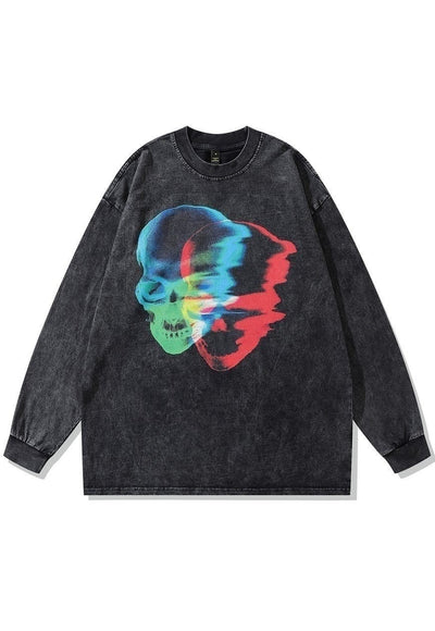 Thermal print t-shirt old skull long tee retro skeleton top