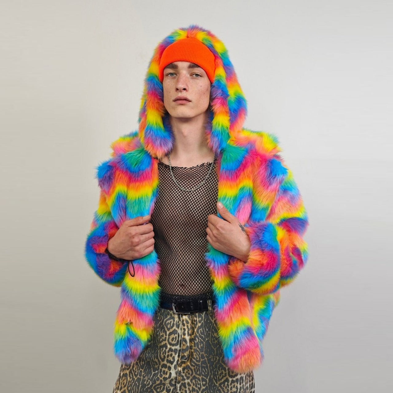 Rainbow faux fur coat cropped unicorn bomber carnival hoodie