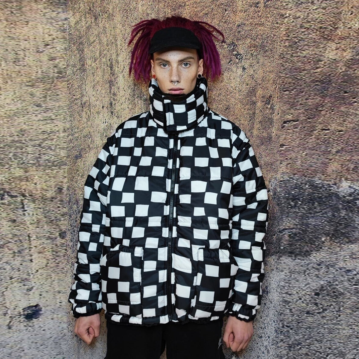 Check print bomber jacket reversible faux fur puffer black