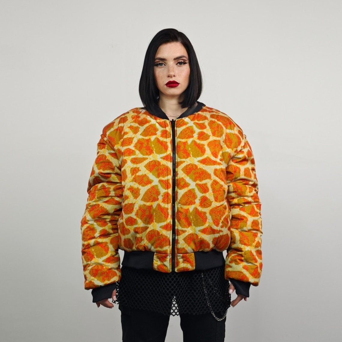 Giraffe bomber animal print jacket orange wildlife reversible college varsity detachable sleeves handmade raver puffer tribal African coat