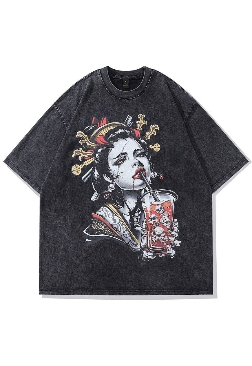 Geisha print t-shirt Japanese cartoon tee retro skater top