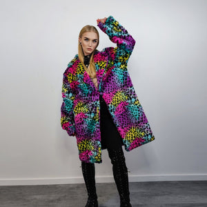 Tie-dye Faux fur leopard coat rainbow long trench marshmallow raver jacket fluffy cheetah fleece festival bomber burning man coat pink blue