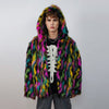 Hooded faux fur stripe neon jacket festival bomber rave coat