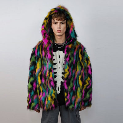 Hooded faux fur stripe neon jacket festival bomber rave coat