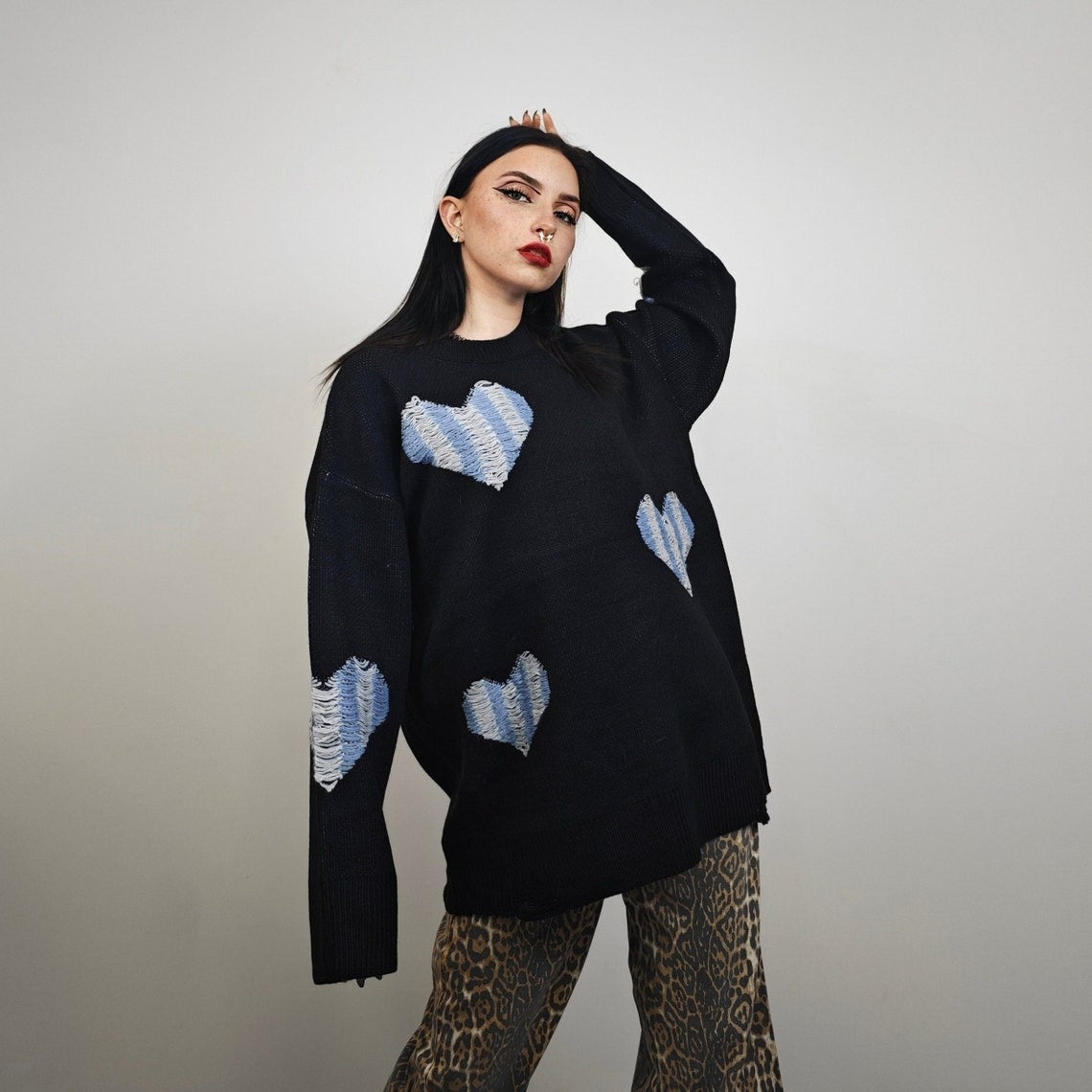 Heart sweater ripped punk jumper distressed love emoji top knitted grunge pullover distressed 00s style shredded patch knitwear black blue