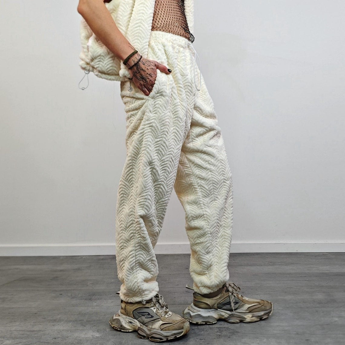 Fleece textured joggers beige track pants gold embellished trousers metallic hotpants rave overalls sports set burning man outfit festival