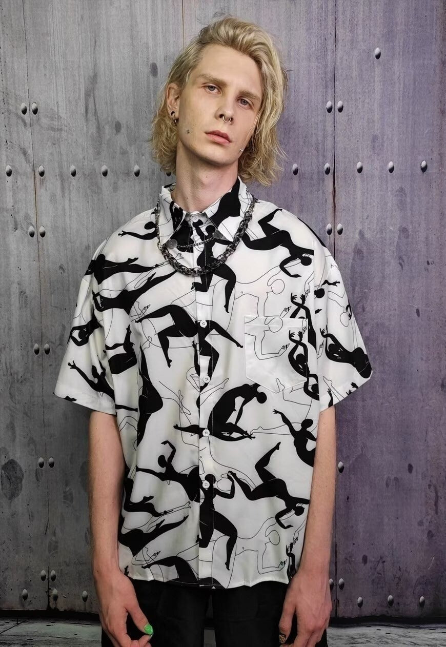 Geometric wide shirt statue print short sleeve top in white