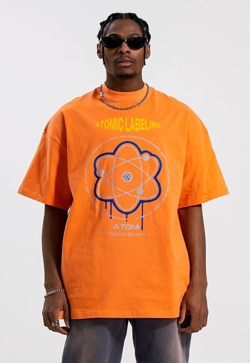 Atom print t-shirt science geek tee retro raver top orange