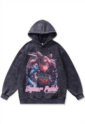 Cyber punk hoodie vintage wash pullover anime jumper in grey