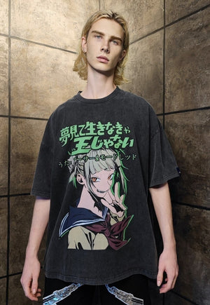 Anime t-shirt premium vintage wash Kawaii tee in acid grey