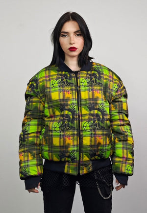 Punk check varsity jacket green check reversible rave bomber