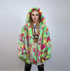 Hooded faux fur jacket psychedelic coat shaggy trench bright raver bomber fluffy fleece festival jacket neon burning man overcoat green pink