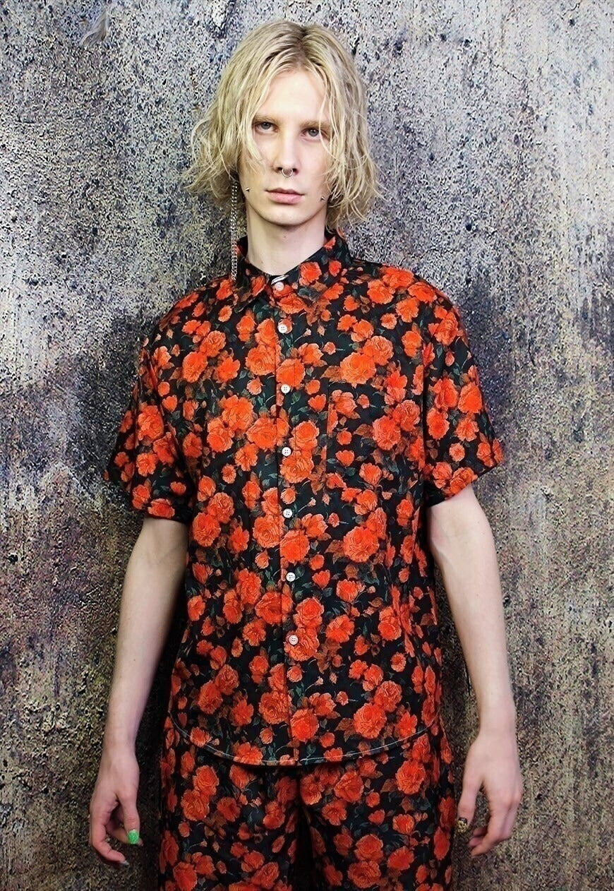 Rose shirt floral print short sleeve top in red black