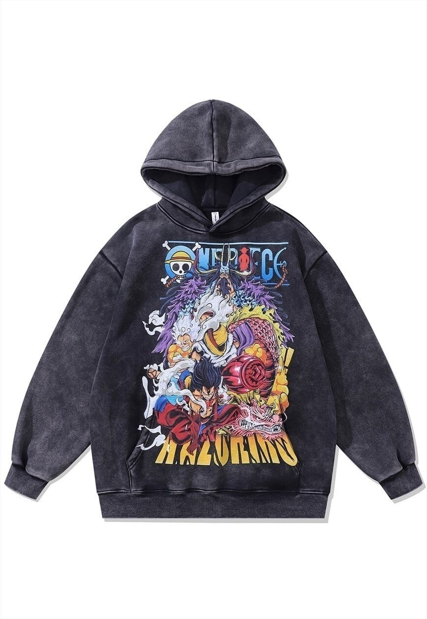 Anime hoodie vintage wash pullover Dragon ball jumper grey