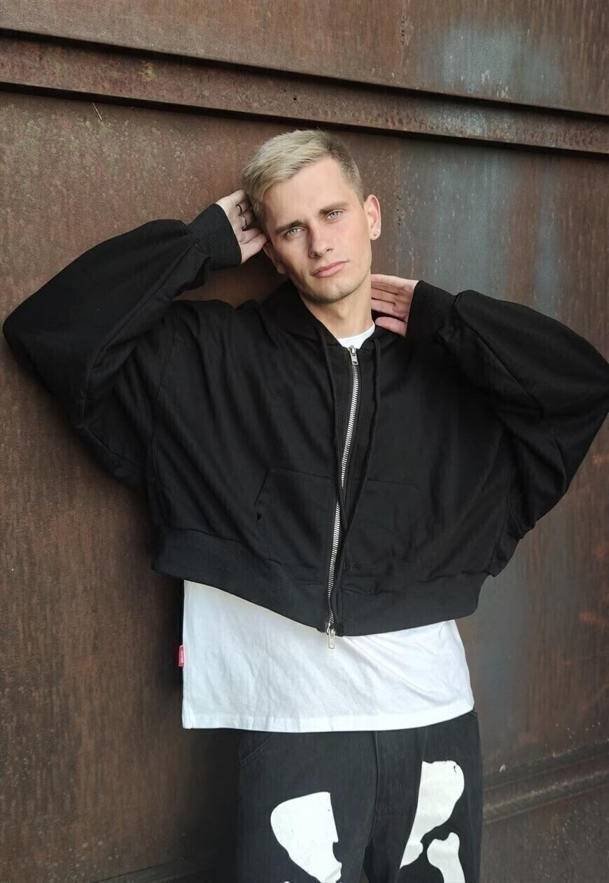Cropped baggy hoodie two sided zip finish wide hooded top