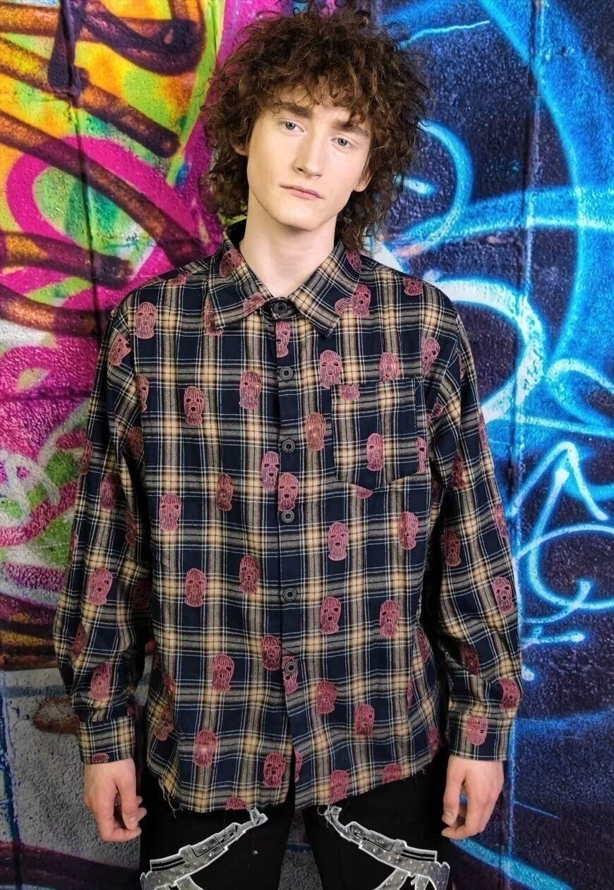 Balaclava patch shirt tartan check top in brown blue